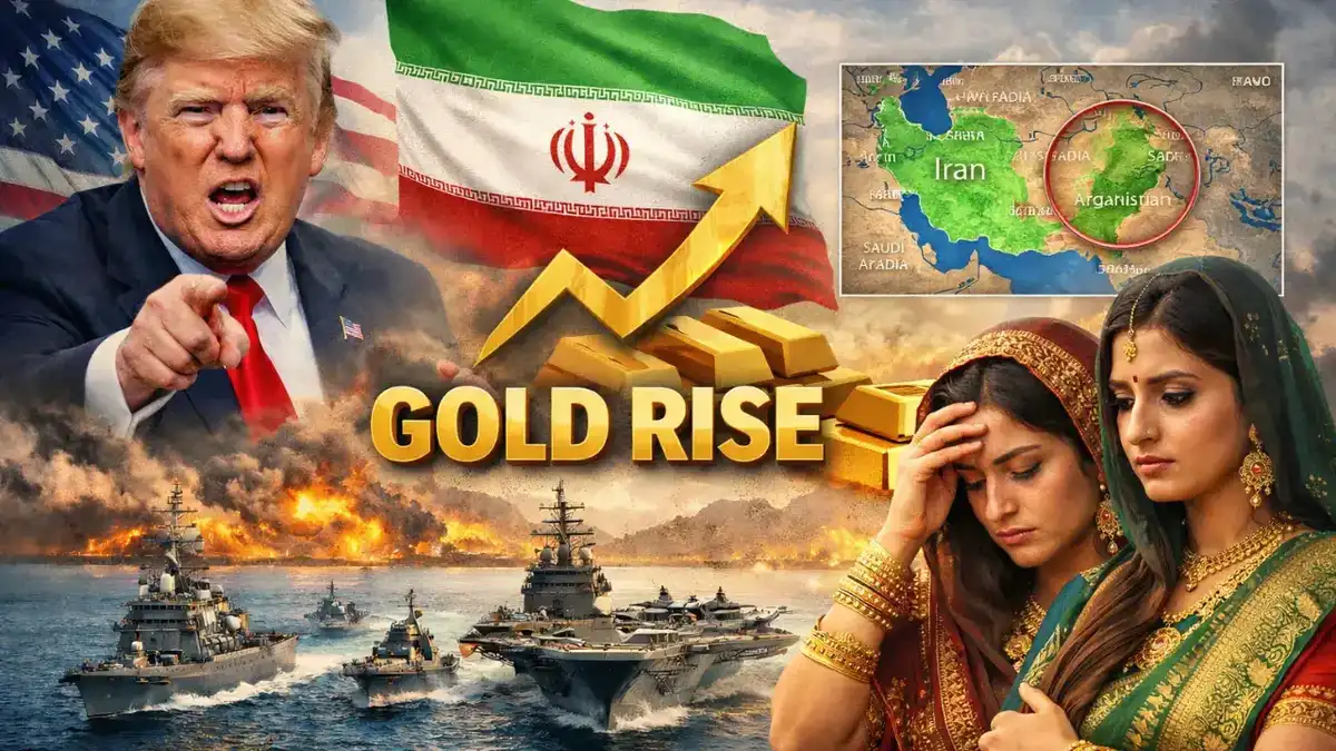 Image depicting gold bars with rising price charts and Trump's silhouette in the background.