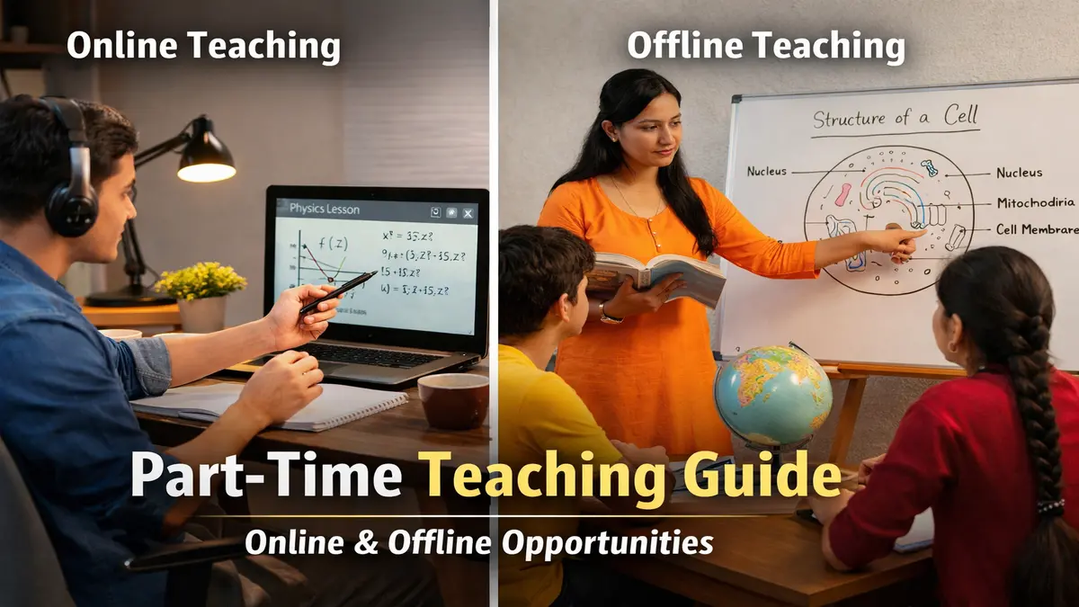Part-time teaching guide showing online and offline teaching for school students, competitive exams, and languages